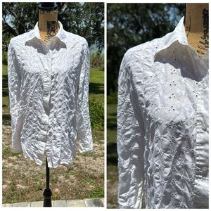 Sunny Leigh Silk White Floral Eyelet Embroidered Button Down Top Size Large